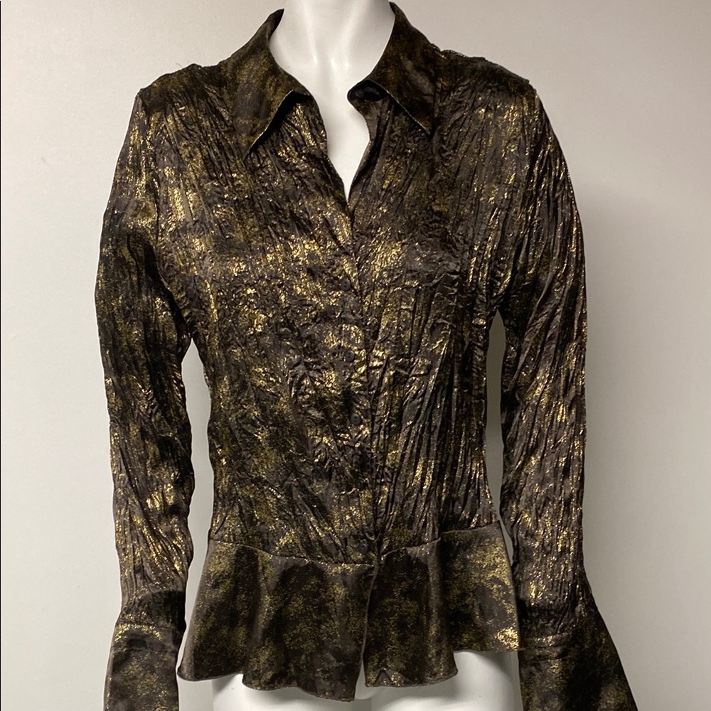 ALLISON TAYLOR Brown Gold Shimmer Silky Long Sleeve Peplum Blouse